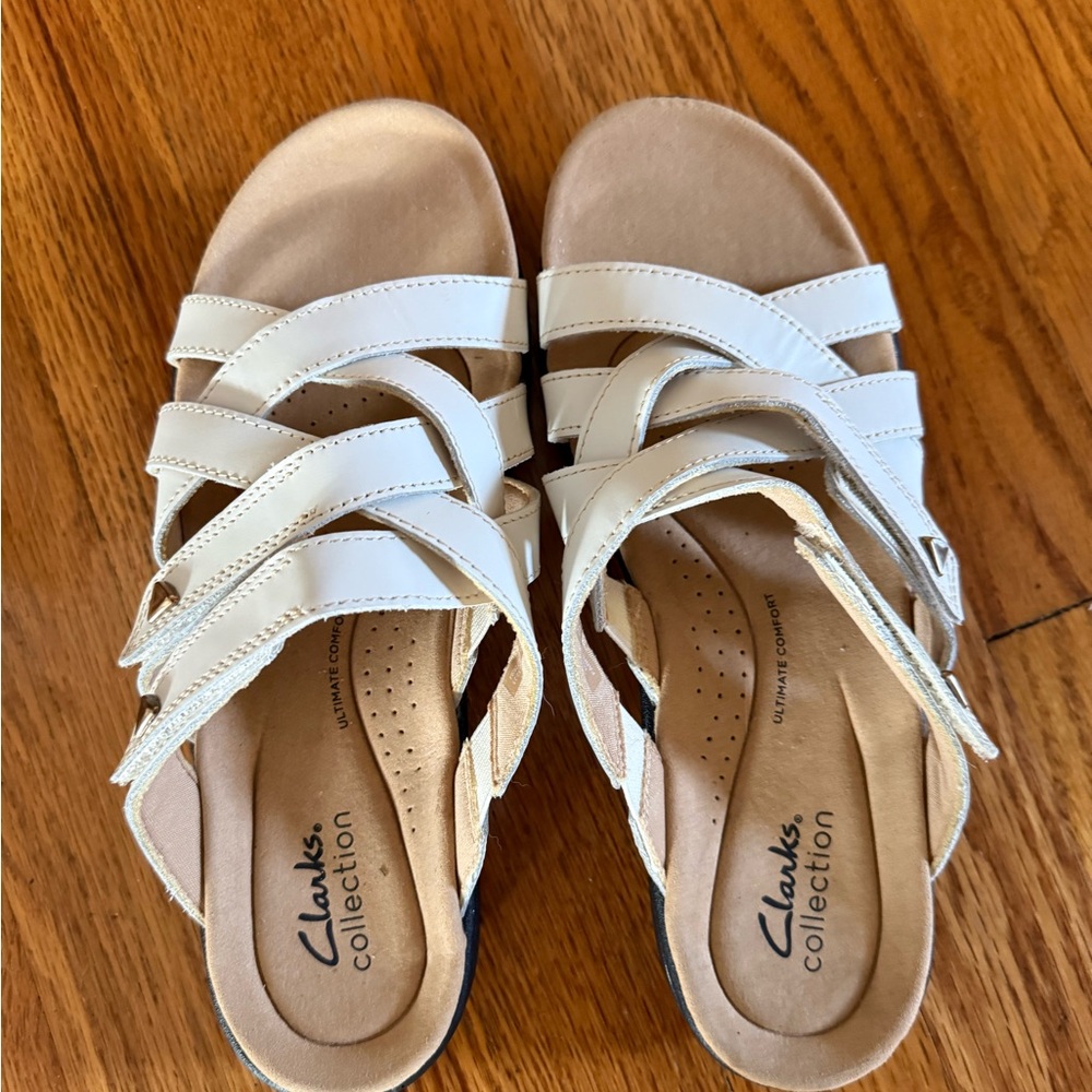 Clarks White Strappy Slip-On Sandals